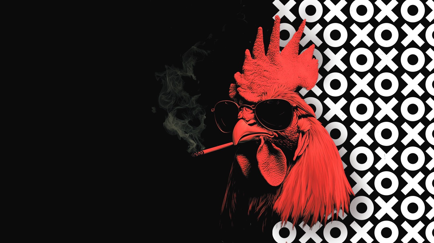 Galo vermelho de óculos escuros a fumar, sobre padrão de X e O