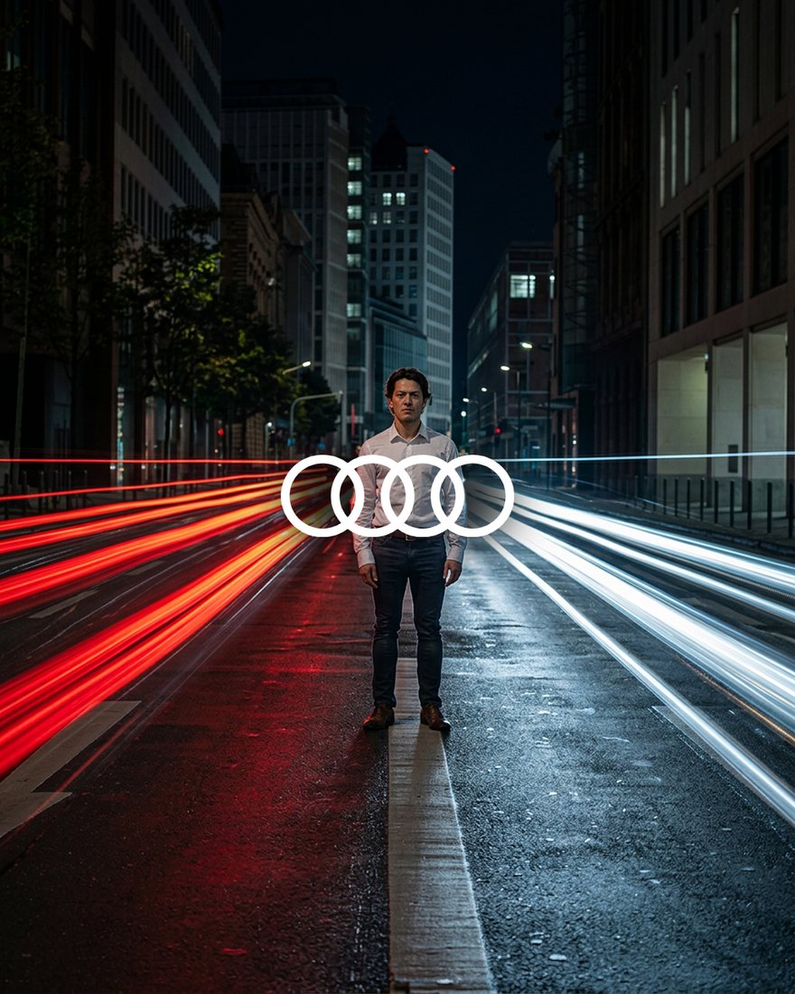 Audi International: homem numa avenida à noite com os anéis da Audi em luz